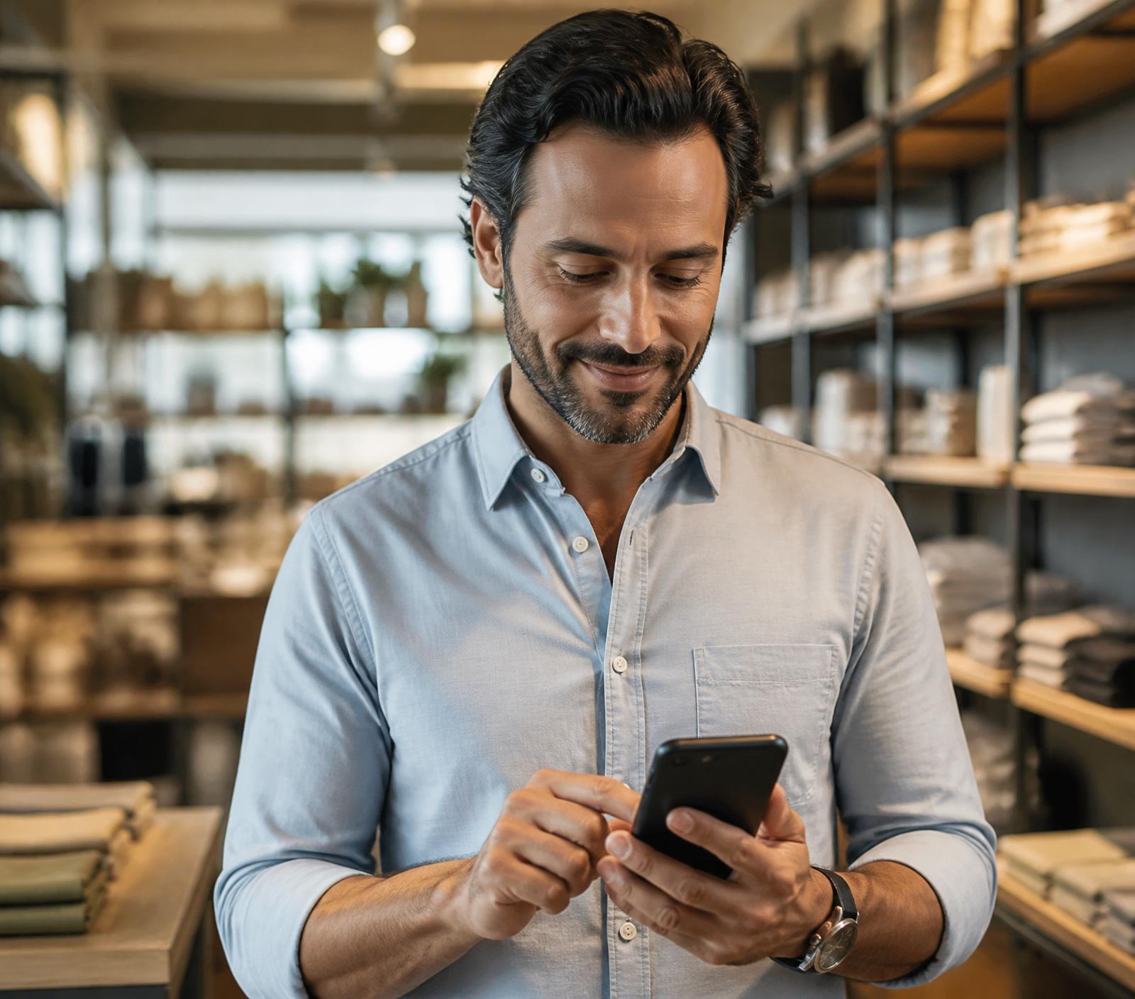 Comerciante utilizando o celular em seu estabelecimento